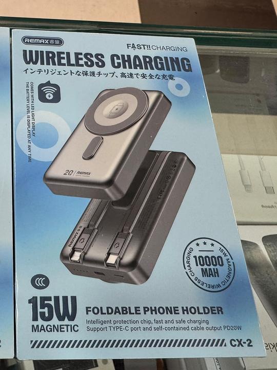 Remax 10,000 mAh magnetic power bank with 15 W wireless charging and a foldable stand